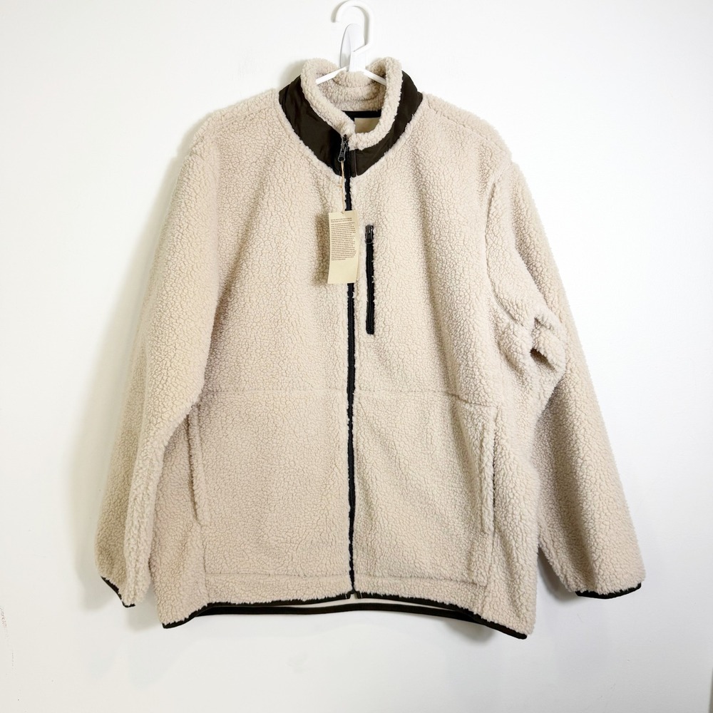 MUJI Boa Fleece Jacket Mens XL Sand Beige Recycled PET Full Zip Mock Neck